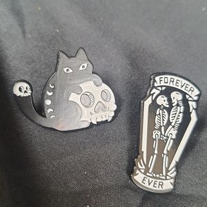 Cat and Skeleton Enamel Pins